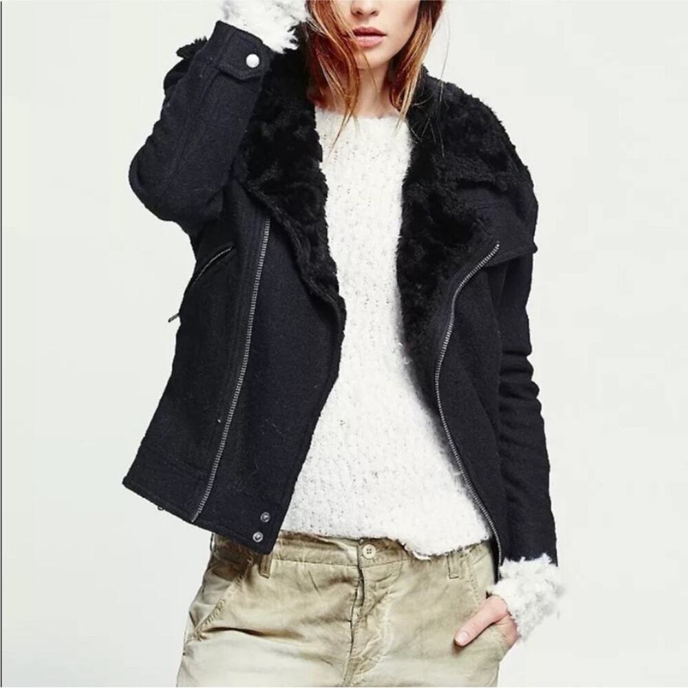 Free People Black Simple Salute Wool Faux Fur Collar Moto Military Jacket S